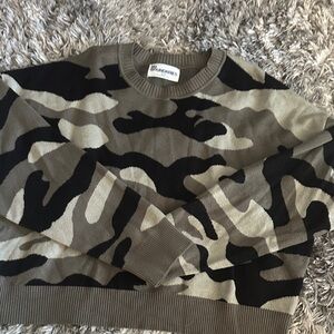 No Boundaries Women's Camo Crewneck Sweater - Black, Gray, Tan